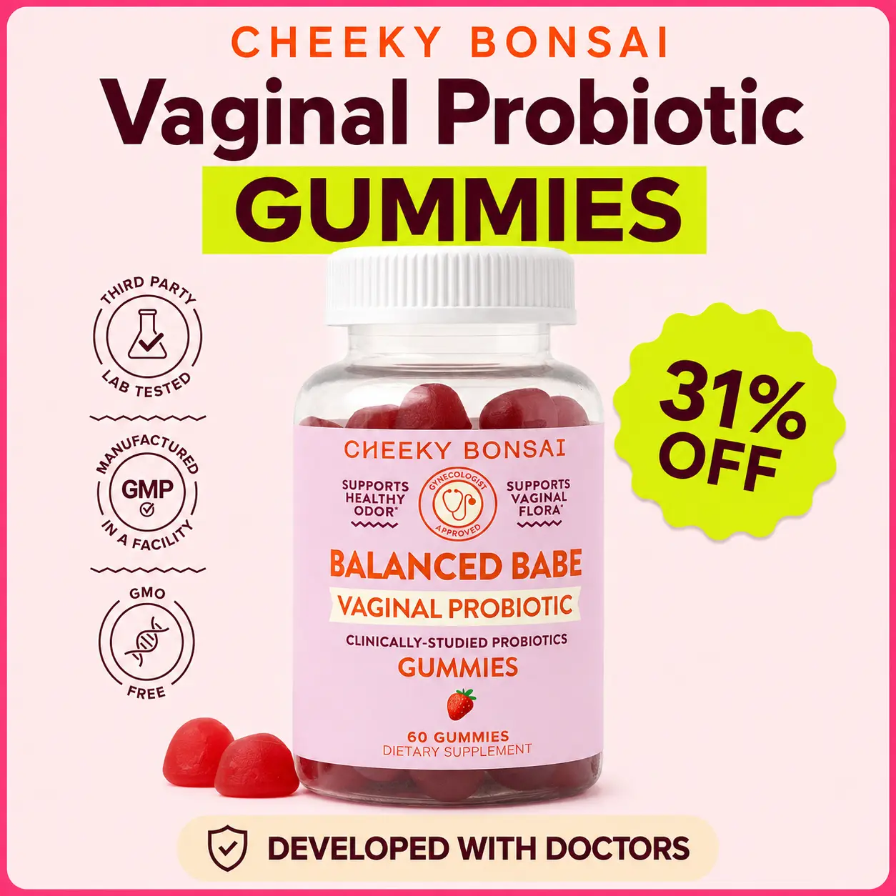 Cheeky Bonsai Balanced Babe Vaginal Probiotic Gummies for Women, pH Balance, Odor & Flora Support, Urinary Tract & Gut Health, Strawberry Flavor, Vegan, 60 Count, 5 Billion CFU Bacillus Coagulans