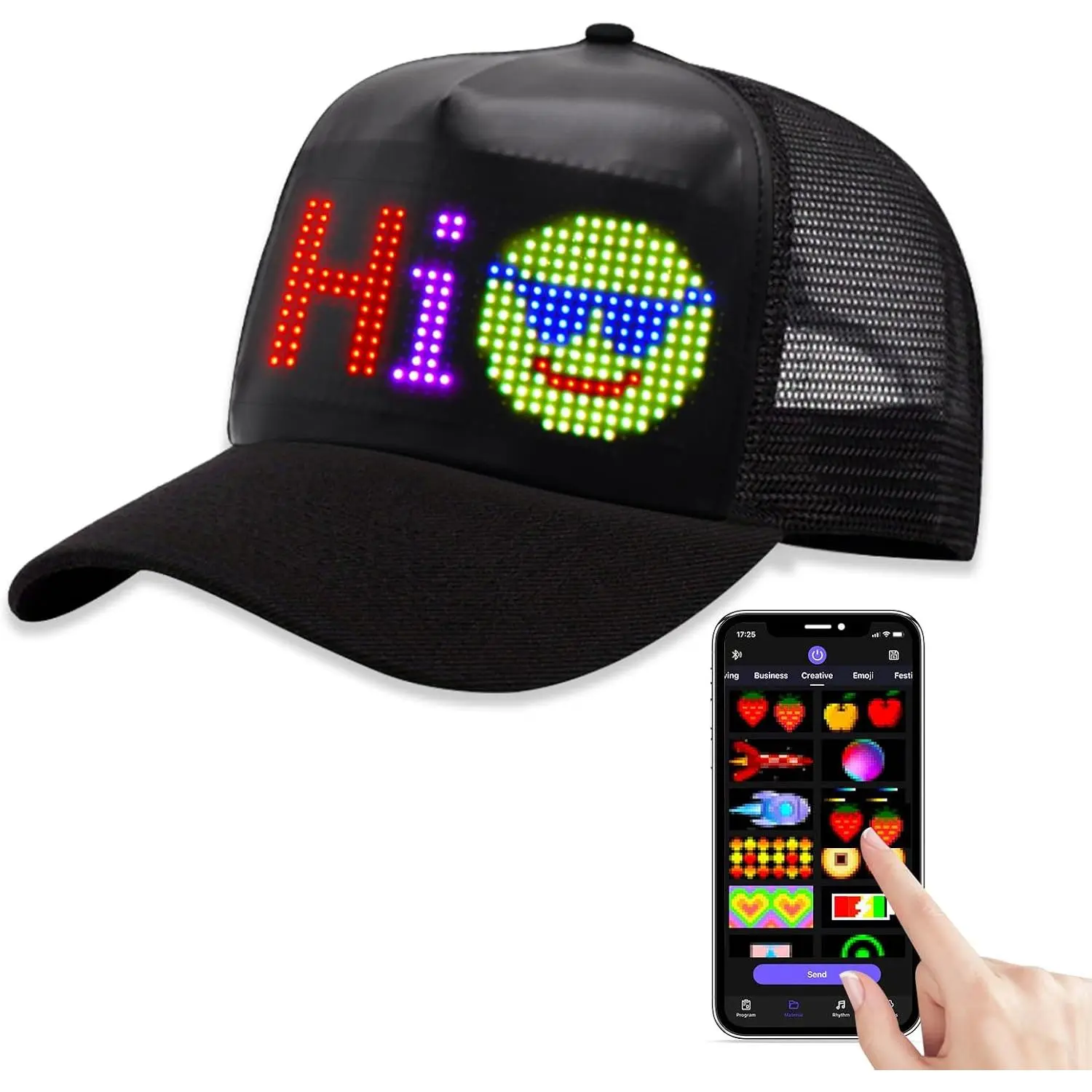 Hats, LED Display Screen Smart Caps,Bluetooth APP Control,Custom Text, Patterns, Animations