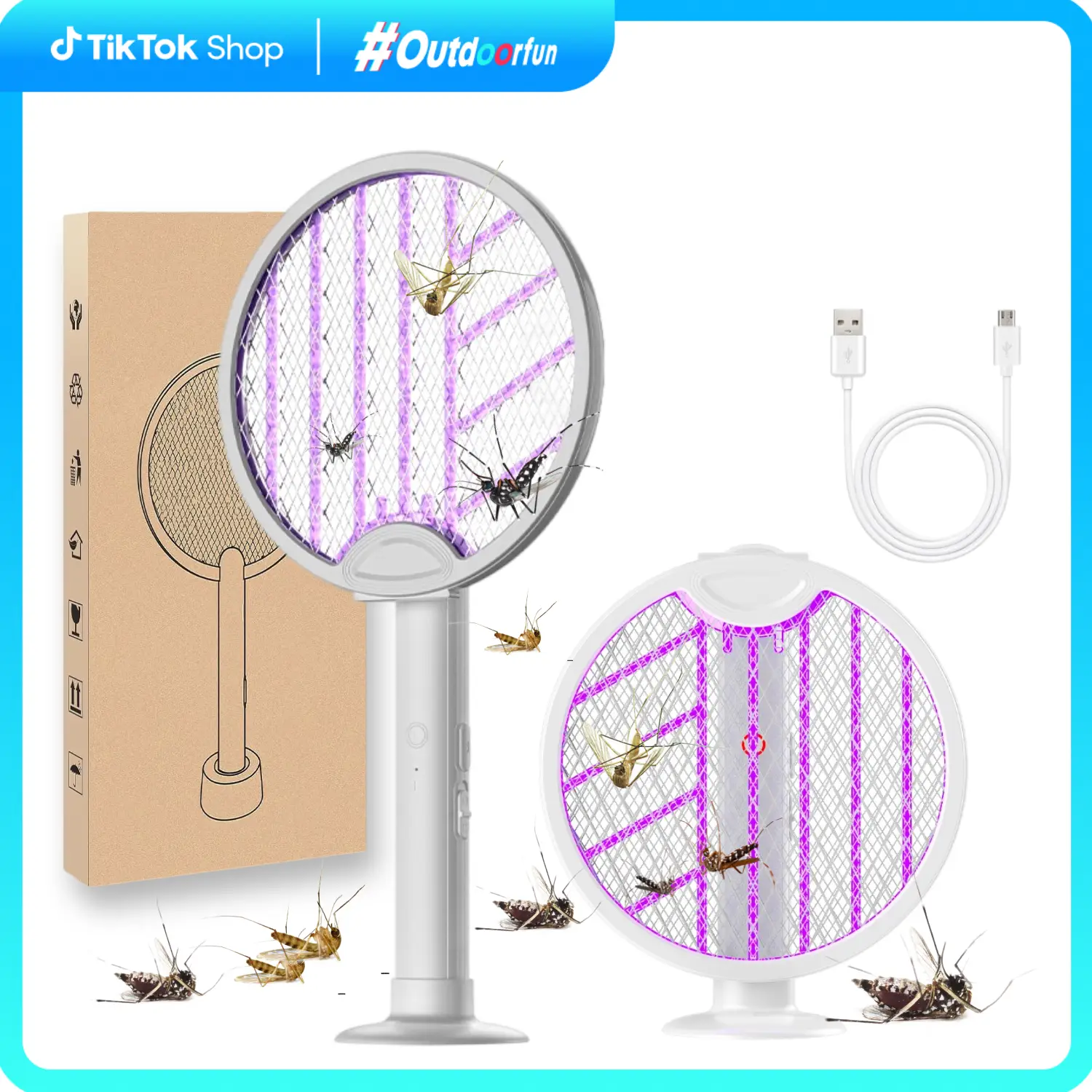 Yudodo Foldable Electric Fly Swatter Racket, Handheld Bug Zapper Racket, Insect Killer, Mosquito, 2 in 1 Smart Bug Zapper with USB Rechargeable Base,
