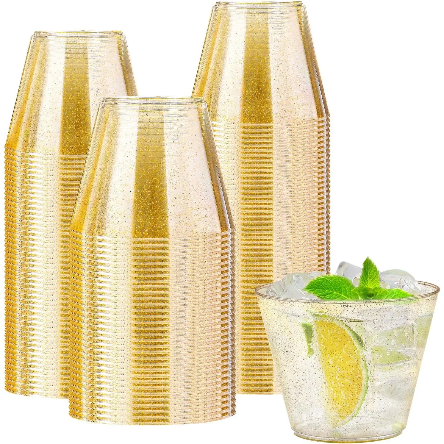 100 Pack 9 oz Gold Plastic Cups  Disposable Glitter Fancy Clear Cocktail for Wedding Thanksgiving Christmas Parties