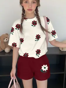 Summer Girls' Casual Short Sleeve Top and Shorts Set, Two-Piece Floral Print, Loose-Fitting Street Style, Perfect for Summer Wear Outfit Clothes