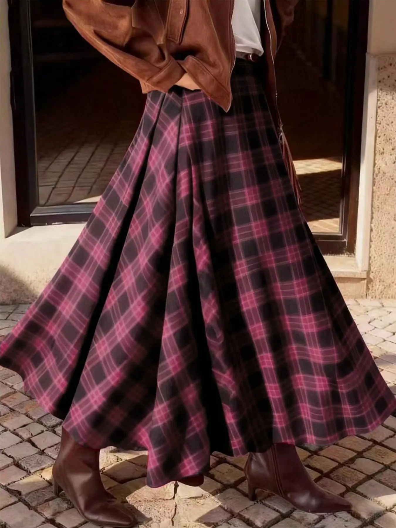 Women's Vintage British Academy Casual Style Plaid Skirt, High Waist Pleated Woolen Material Long Dress, Warm Fitted Slimming Commuter Dress, Casual Wear, Womenswear