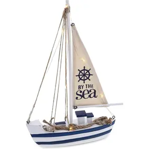 Blue Sea Boat with LED Light -  Wooden Boat Decor, Beach Style Model Sail Boat Decorations, Nautical Themed Table Top Decor