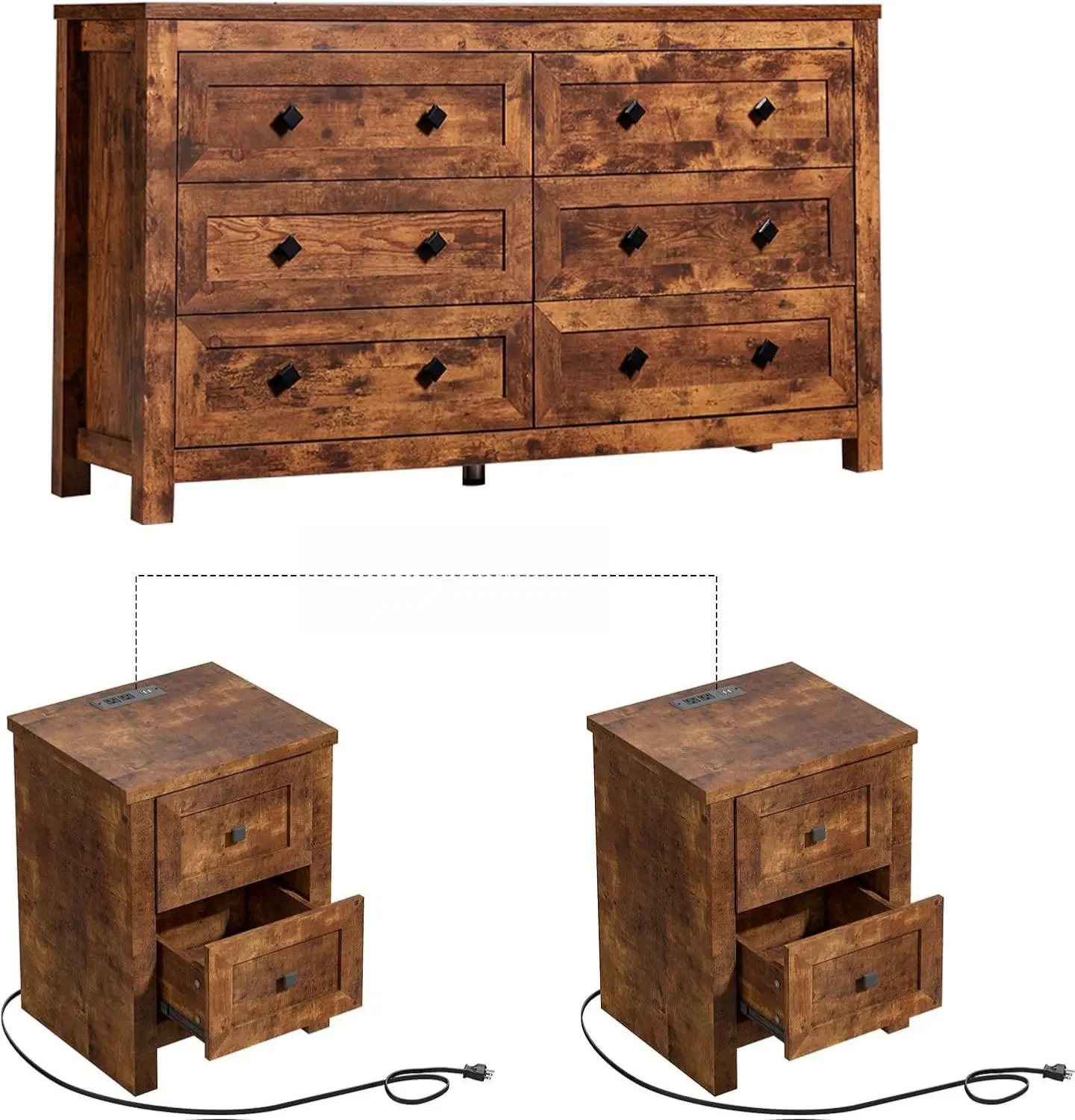 AMERLIFE Bedroom Dresser and Nightstand 3 Piece Set, 1 X Wood Rustic 6 Drawer Storage Dresser, Nightstand Set of 2 with Charging Station, Farmhouse Bedroom Furniture Set, Rustic Brown