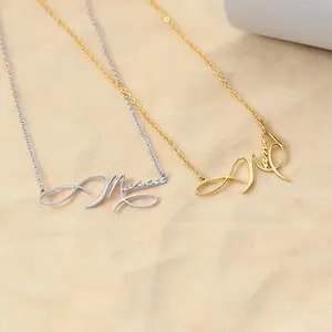 Stainless Steel Custom Golden Art Font Style Name Necklace Fashion Elegant Handwritten Style Personalized Private Custom Nameplate Pendant Necklace Women'S Charm Jewelry
