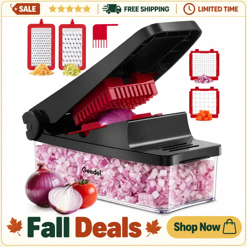 Geedel 4-in-1 BPA-Free ABS Steel+Plastic Kitchen Vegetable Chopper with Container - 4 Blades Option, Smooth Pro Dicer, Cutter, Grater, Fruit Vegetable Slicer, Cabbage Shredder for Salad, Cooked Ham Prep, Father's Day Kitchen Utensil Gift
