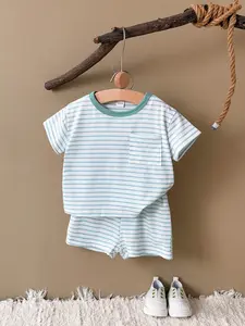 Summer Baby Blue Striped Vintage Casual Loose Short Sleeve + Matching Shorts, Infant Clothing Set, Loose Fit, Comfortable and Stylish, Matching Sets