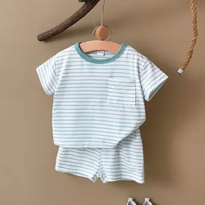 Summer Baby Blue Striped Vintage Casual Loose Short Sleeve + Matching Shorts, Infant Clothing Set, Loose Fit, Comfortable and Stylish