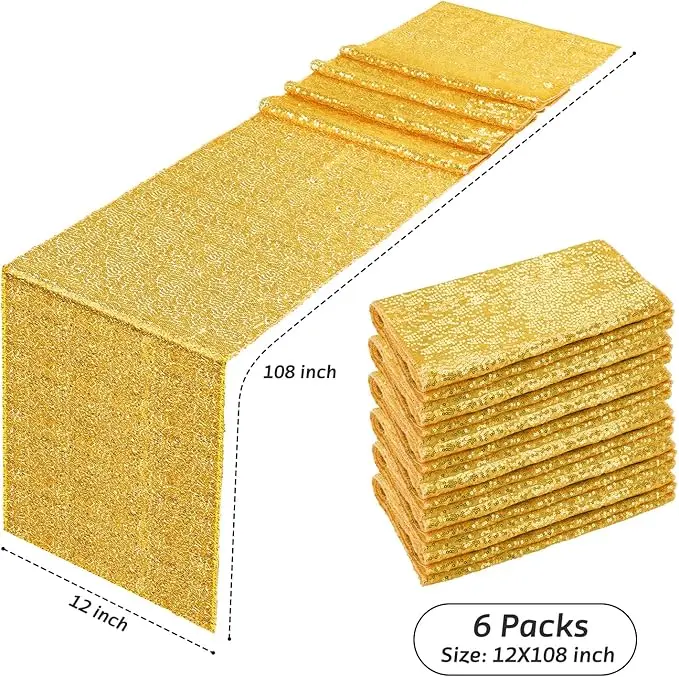 JYFLZQ 6 Pack SummerVibes Sequin Table Runner Gold, 12 x 108 inch Glitter Gold Table Runner for Rectangle Table for Birthday, Wedding, Banquet, Holiday Party Decorations & Baby Shower Special Events Shimmer
