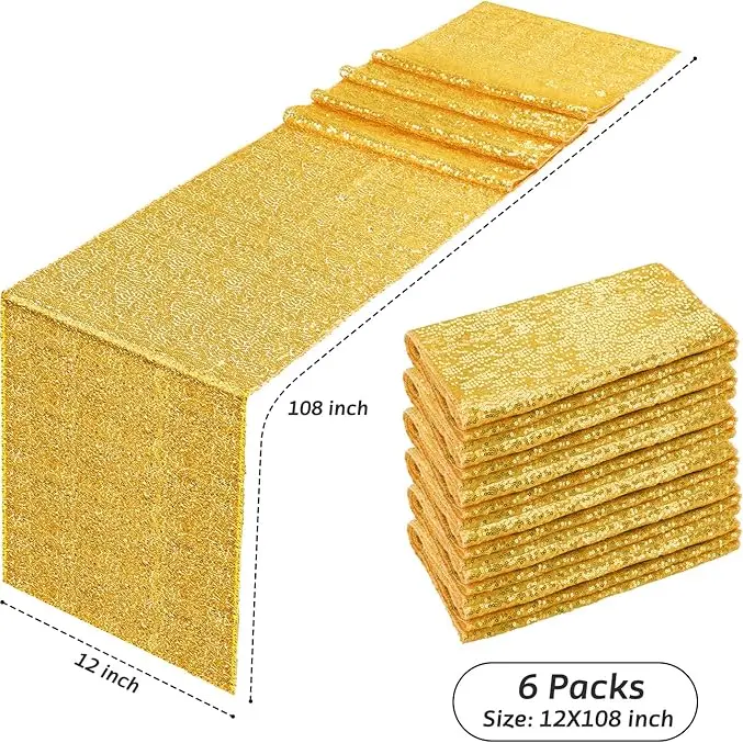 JYFLZQ 6-Pack Machine Sewn Gold Sequin Table Runners (12x108in), Shimmer Finish, Secure Small Sequins, Decorative Table Covers for Wedding, Anniversary, Baby Shower Special Events Home Supplies