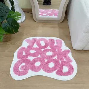 "You Look Good" Green Pink Fluffy Letter Floor Mat – Suitable for Bathroom/Bedroom/Living Room, Soft Flocked Non-Slip Rug with Absorbent & Decorative Features, Cozy Home Decor Accessory