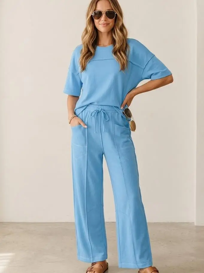 PHEFEE Women's Aesthetic 2-Piece Loungewear Set - Soft Cotton Blend, Boxy Short-Sleeve Oversized Tee, High-Waist Modest Lantern Barrel Pants with Adjustable Pockets, Tracksuit, Matching