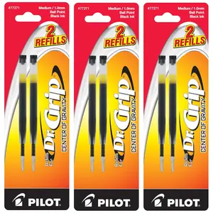 Pilot Dr. Grip Center of Gravity Ballpoint Pen Refills, Medium Point, Black Ink, 3 Packs of 2 Refills
