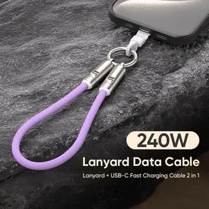 240W USB-C Fast Charging Phone Lanyard 7mm Nylon Crossbody Wrist Strap Lanyard Data Cable 2 in 1 Smartphone Cellphone