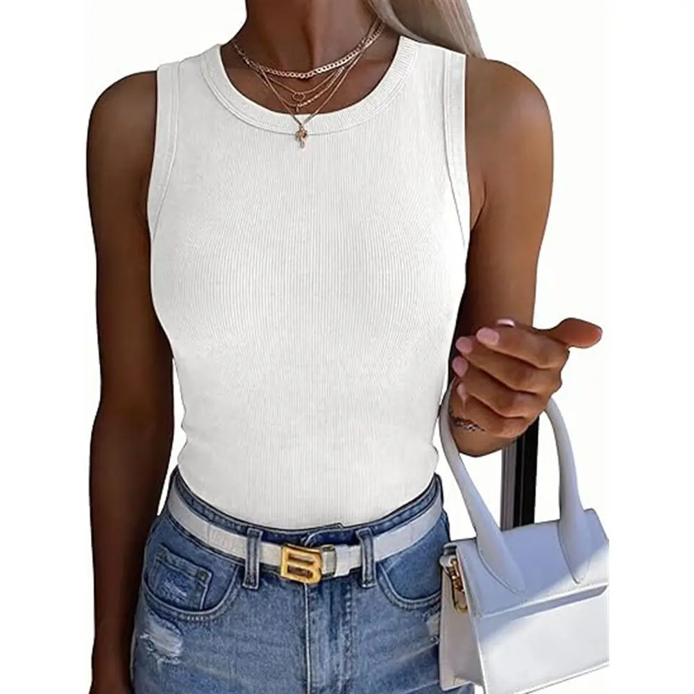Womens Sleeveless Crewneck Ribbed Tank Tops Casual Basic Summer Top Slim Fitted Racerback Shirts
