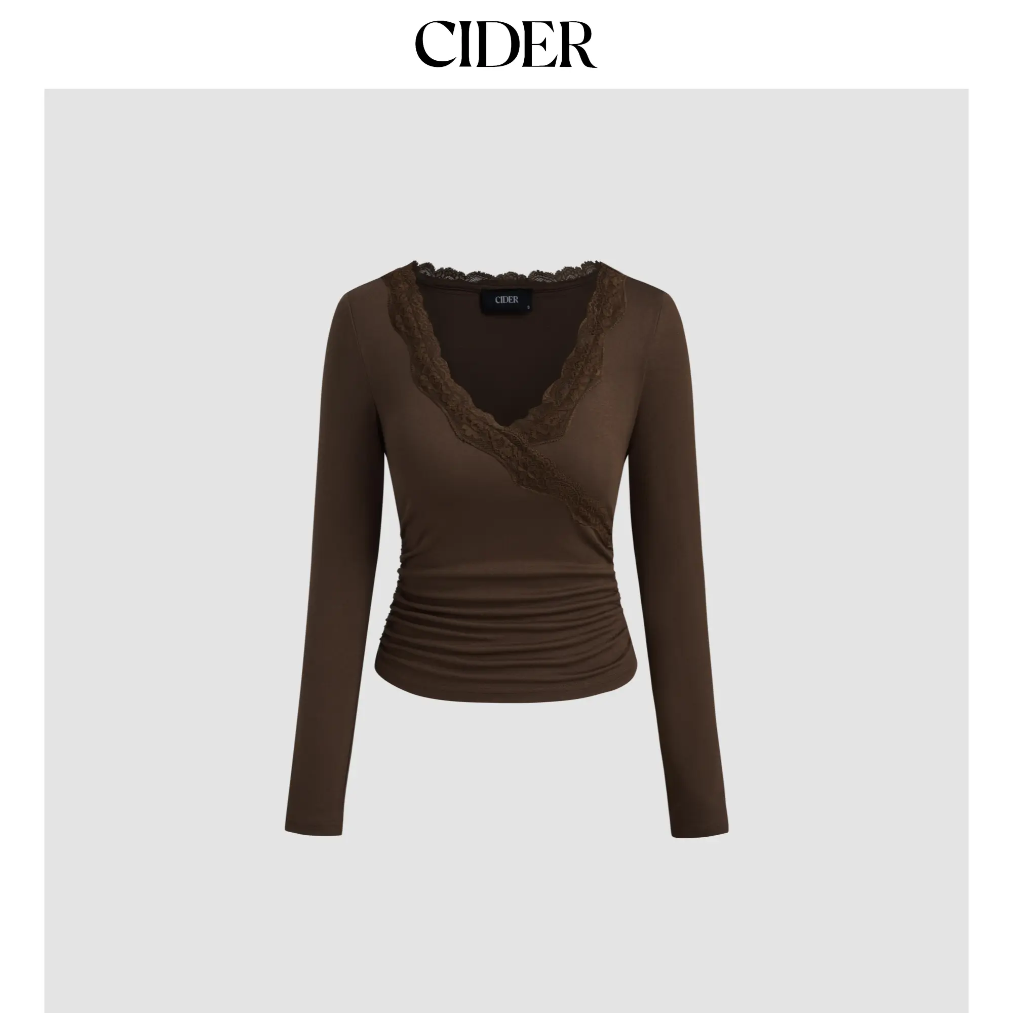 Cider [2 colors, size 0-26] V-neck Solid Lace Trim Ruched Long Sleeve Top