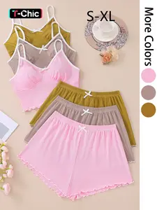 Women's Solid Color Bow Decor Lettuce Trim Pajama Set, Casual Comfy Spaghetti Strap Crop Camisole & Elastic Waist Shorts PJ Set for Daily Home Wear, Ladies Summer Sleepwear