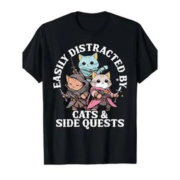Funny Cats & Dungeons T-Shirt, Retro Video Game Design "Easily Distracted By Cats & Dice"