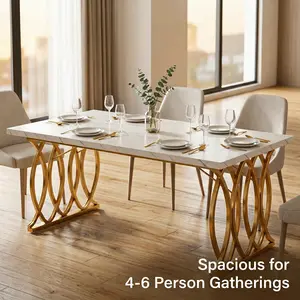 63-Inch Modern Dining Table for 4-6 People, White Faux Marble Top + Gold Steel Frame, Wear-Resistant Rectangle Table for Home & Decoration