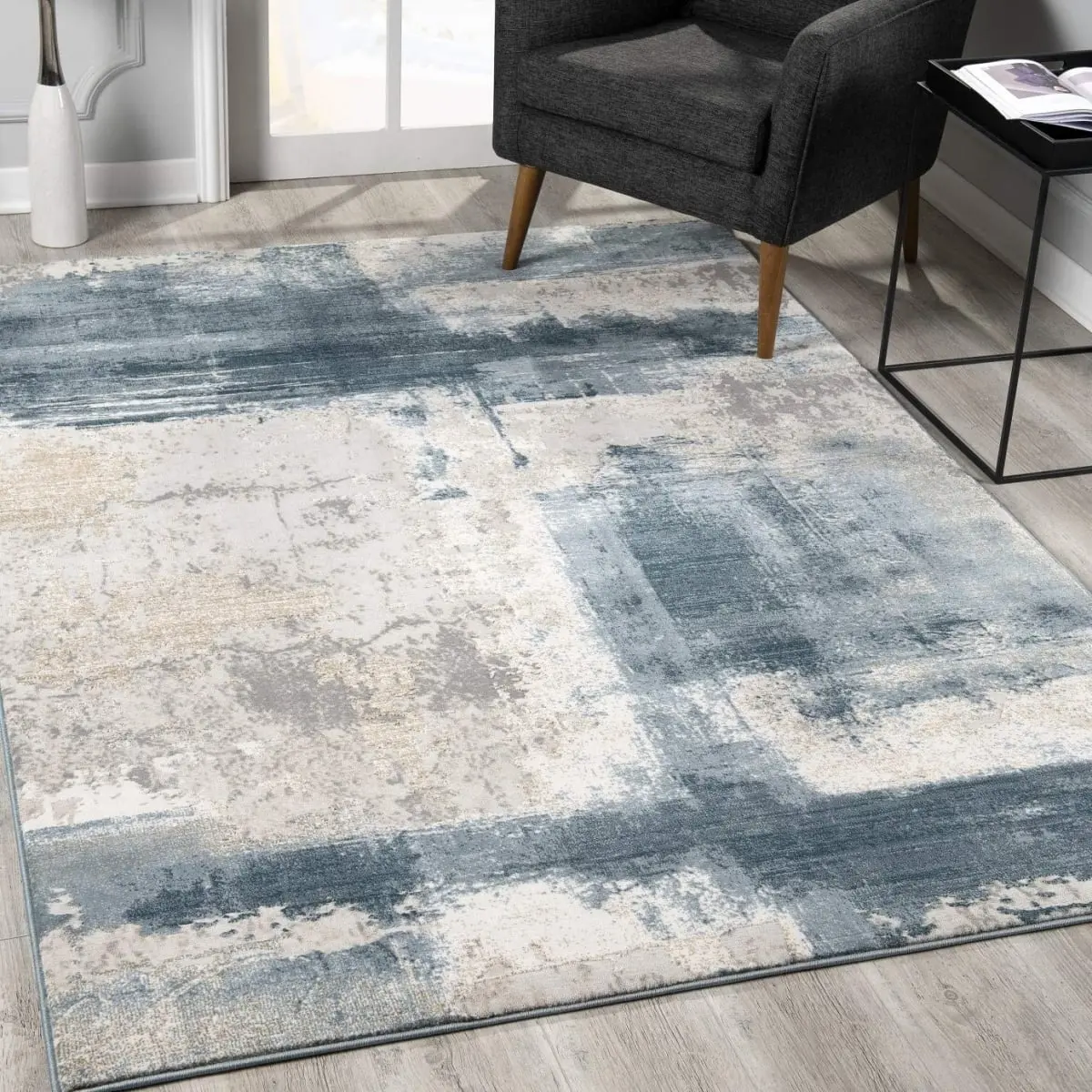 212 MAIN 8x11 ft. Rectangle Olefin Blend Modern Cream & Blue Abstract Patches Area Rug - Modern Abstract Rug, Stain-Resistant, Artistic Vibe, for Indoor Use