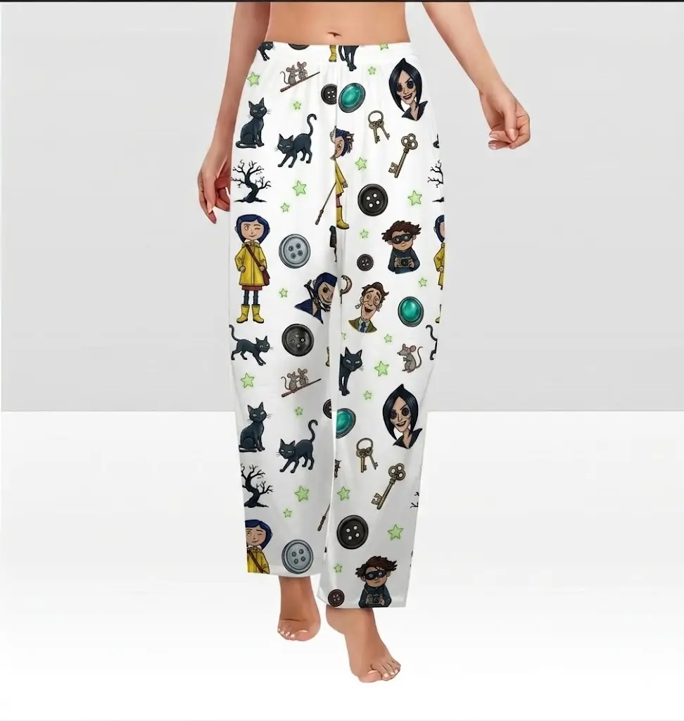 Coraline Movie Graphic Pajama Pants Womens Elastic Waist Wide Leg Lounge Sleepwear