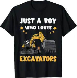 100%cotton Digging Just A Boy Excavator Backhoe Construction Vehicle T-Shirt
