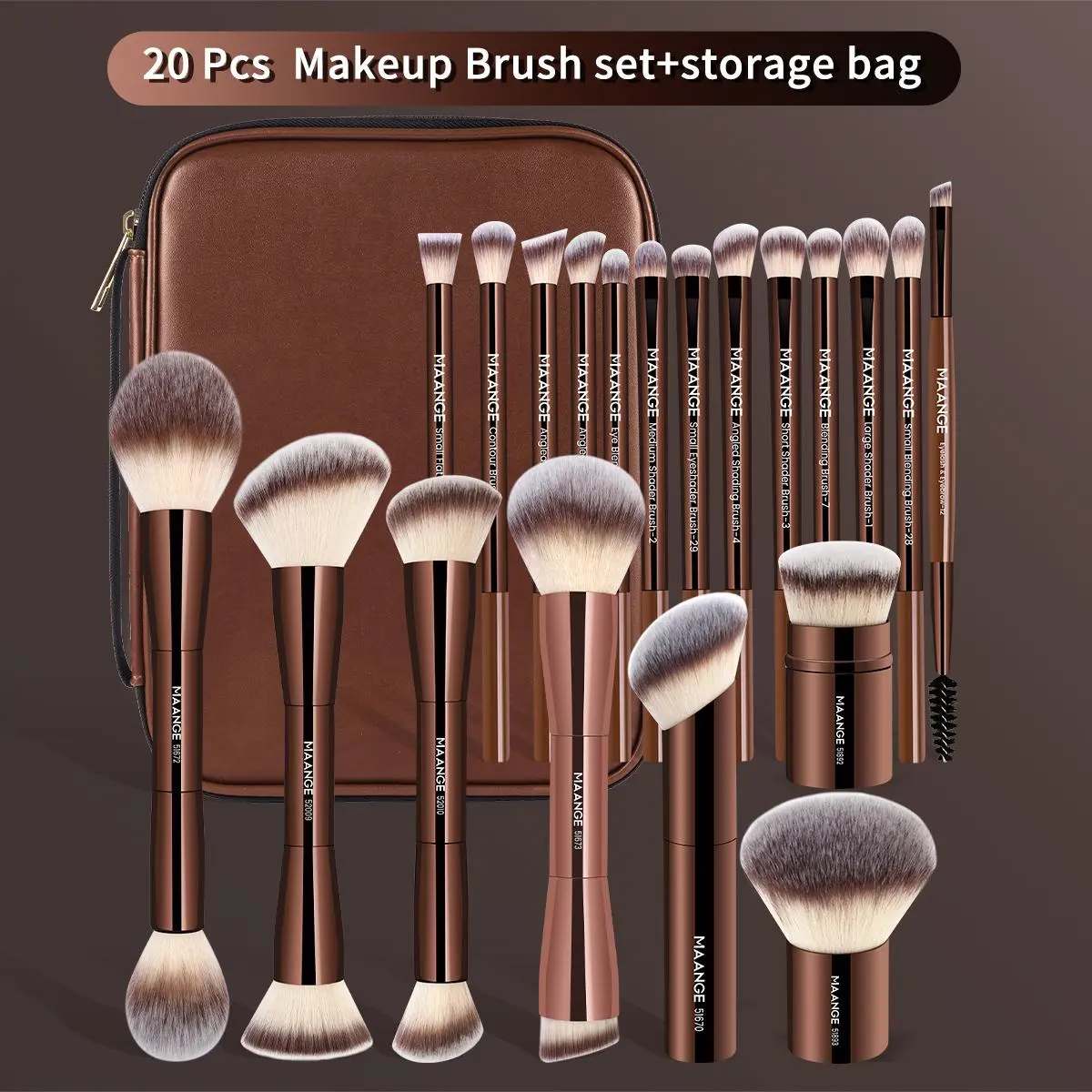20 Counts Brushes + Storage Bag- Coffee Brown