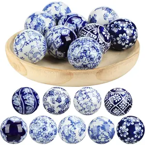 9 Pcs Blue and White Porcelain Balls Decorative Chinoiserie Orbs for Centerpiece Bowls Ceramic Balls Farmhouse Basket Tray Vases Decoration Gifts for Dining Table Holiday Vintage Style