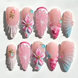 Pink Seashell Press On Nails – 3D Mermaid Shell Floral Beach Nails, Ocean Pearl Glossy Handmade Nail Set