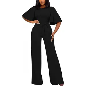 Womens Loose Short Sleeve Belted Wide Leg Pant Romper Jumpsuit Casual Business One Piece Outfits
