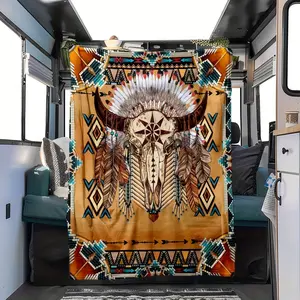 FRANALA Bohemian style blanket cow bone blanket with Native American tribal pattern, feather geometric pattern durable machine washable suitable for home decoration and daily use, all seasons blanket retro geometric design comfortable and warm