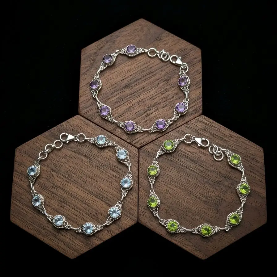 Sterling Silver Gemstone Bracelet - Available in Peridot, Amethyst, Blue Topaz