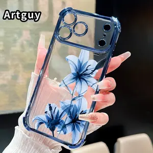 Blue Lily Grace Pattern Four Corner Anti-Fall Phone Case Transparent Electroplated Protective Cover for iPhone 17 Pro Max Air 16 15 Plus 14 13 12 11 E