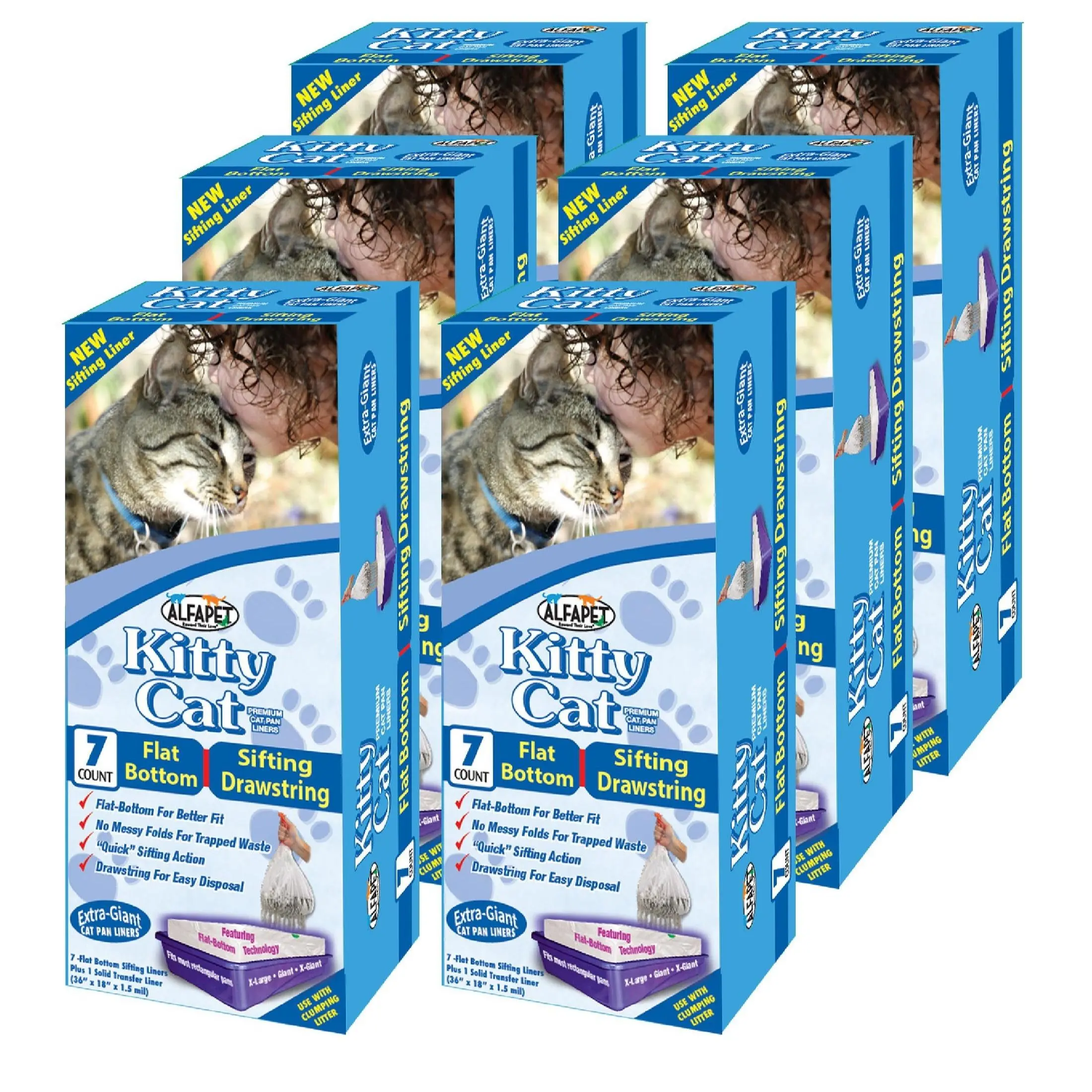 ALFAPET Flat-Bottom Sifting Drawstring Cat Pan Liners - 6 Cartons, 42 Liners Total