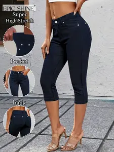Women's Denim Capri Pants, Navy High Elasticity, European Style, Comfortable Fit, Spring & Fall Casual Wear, Home & Shopping