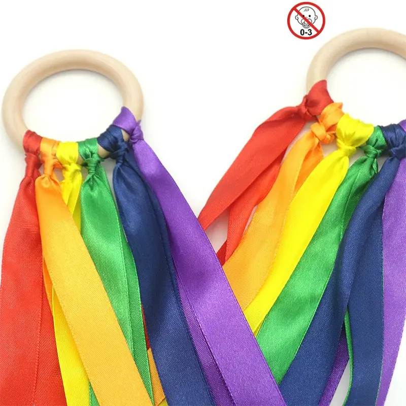 Colorful Rope With Storage Box, 2 Counts Rainbow Ribbon Baby Sensory Play Toy, Montessori Toy, Ribbon Streamer with Wood Ring, Rainbow Wind Wand Learning Toy for Birthday Party Rattle Maracas Sensory