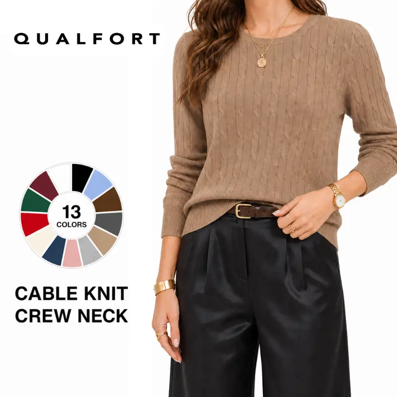 QUALFORT Women's Cable-Knit Crew Neck Sweater, Classic 100% Cotton Long Sleeve Pullover Top, Soft Lightweight Basic Top, Long Sleeve Tops