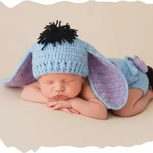 Newborn Photography Props Donkey Crochet Outfit Animal Set - Cute Baby Photoshoot Hat & Shorts for Infant Boy Girl