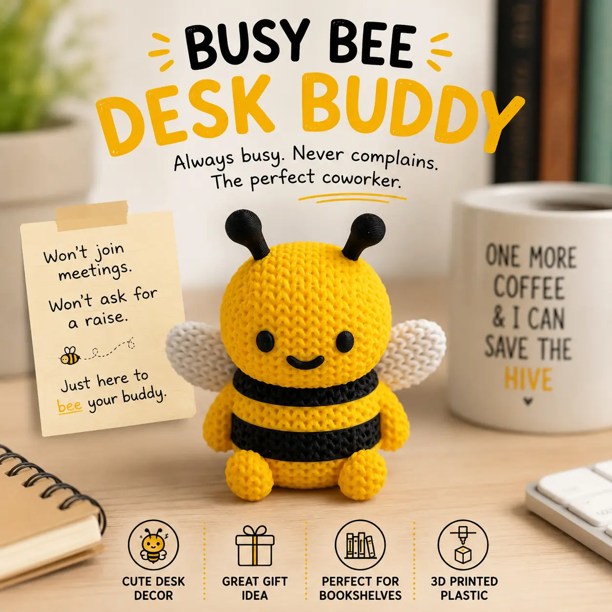 Cute Small Busy Bee Desk Buddy, Knit Look Plastic Statue, Home Decor Accent for Back to School