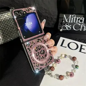 Bling Glitter Rhinestone Hand Chain Wrist Strap Leopard Print Leather Magnetic Phone Case For Samsung Galaxy Z Flip 7 6 5 4 3 5G