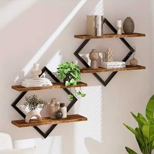 Double Layer Geometric Diamond Wall Floating Shelf Decorative Industrial Hanging Metal Wire Wooden Display Rack, Minimalist Style Wall Floating Shelf, Artistic Style, Suitable for Living Room, Bedroom, Kitchen, Office, Study, Rustic Brown