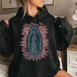 [Made in USA] Guadalupe Hoodie, Floral Catholic Virgin Mary Graphic Pullover Hoodie, Religious Faith Our Lady of Guadalupe Oversized Hoodie, Christian Prayer Streetwear, Gift For Women Men.