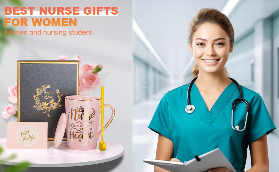 Biching Best Nurse Gifts for Women, Nurses' Day Gift, Nurse is a Work of Heart - 14oz Gold Printed Pink Ceramic Coffee Mug, Birthday Thank You Gift Present for Nursing School Student Graduation Nurses Day, Gift Boxed