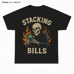Fashion Designer T-Shirts - 100% Stacking Bills Shirt | Funny Hustle Money Graphic Tee | Retro Skull Streetwear T Shirt | Hip Hop Rap Aesthetic Outfit