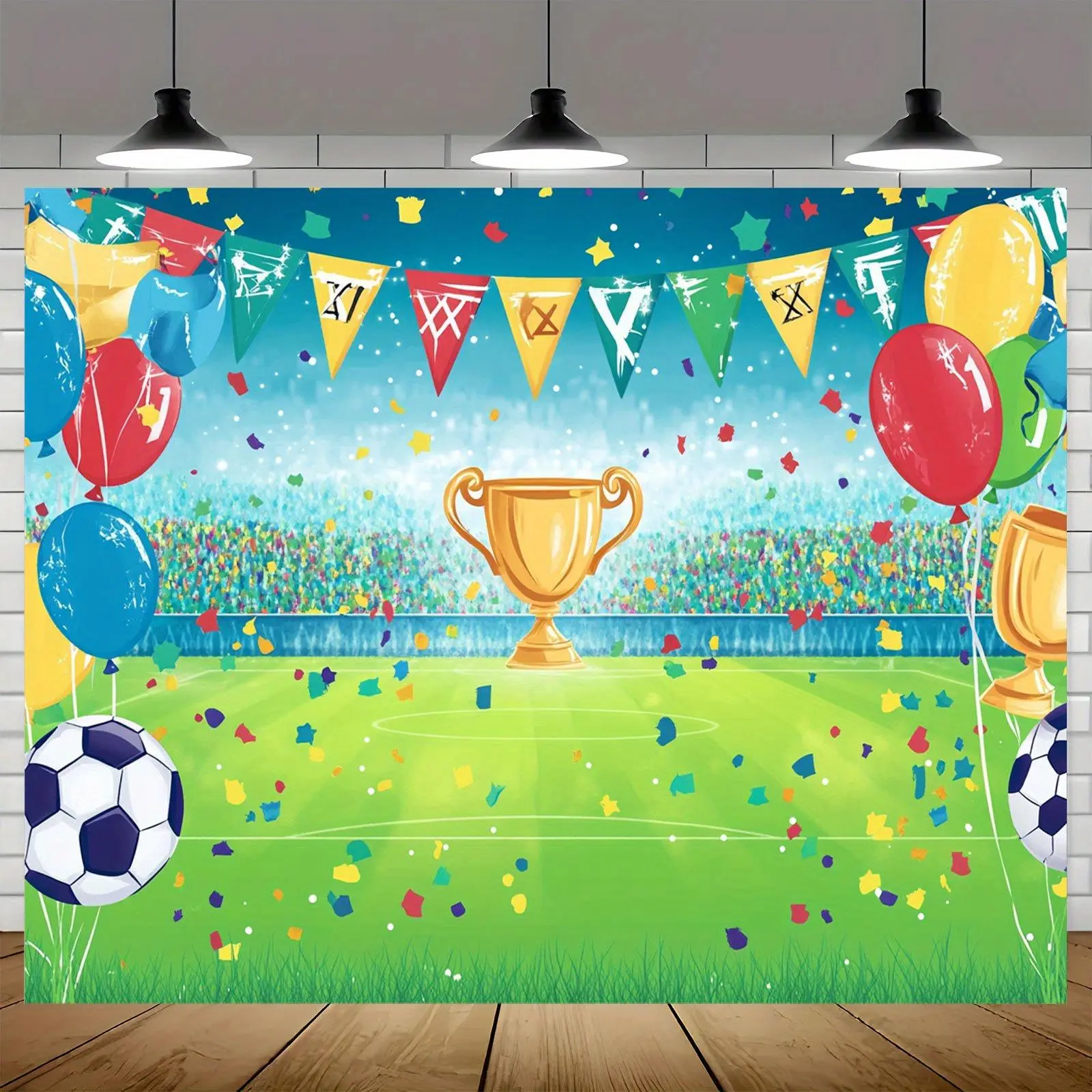 1pc Soccer Birthday Party Banner - Vibrant Football Field Scene with Trophy, Balloons & Confetti - Perfect for Photo Booths, Celebrations & Sports-Themed Parties, Party Photo Backdrop | Colorful Party Decor | Themed Event Backdrop, Soccer Gifts White