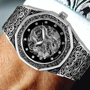 GAROFIO Silver Color Relief Dragon Design High-end Mechanical Skeleton Men's Watch with Detailed Dragon Motif Elegant & Durability