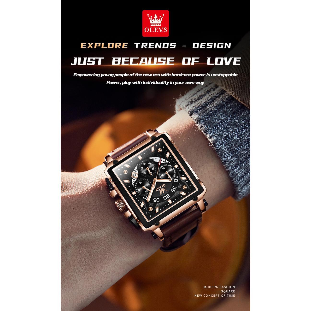 OLEVS 9919 Chronograph Multifunctional Quartz Men's Watch Leather strap 45MM Square Big Dial Leisure Sports TOP Brand Male Watch