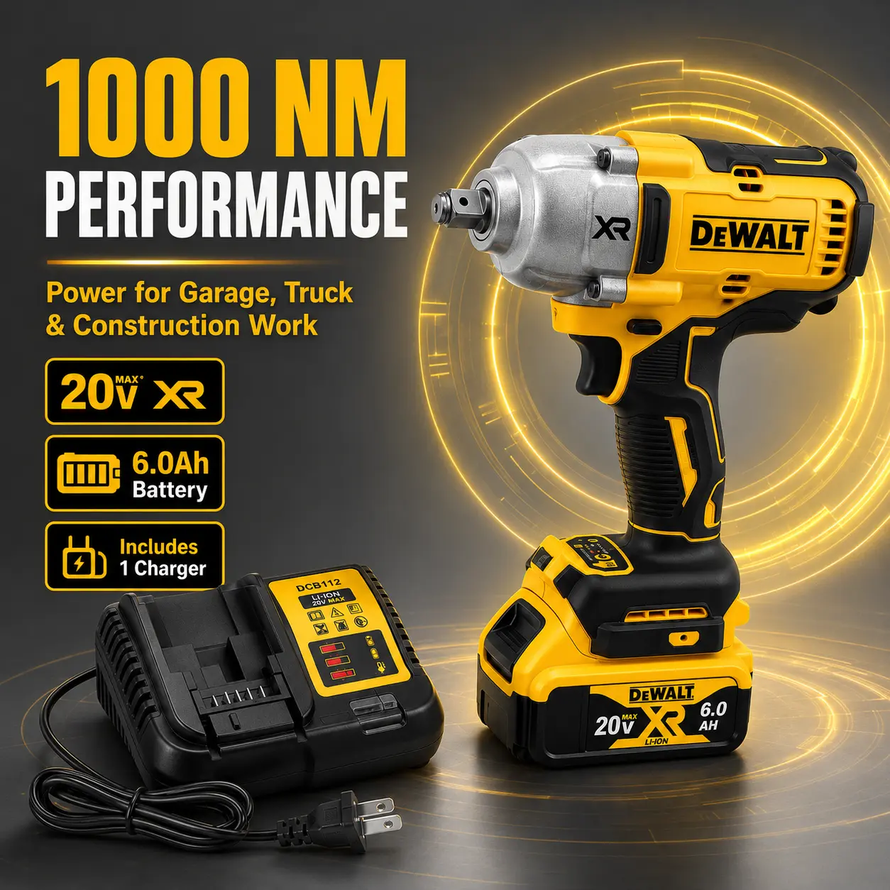 Dewalt 20V Cordless Impact Wrench - 1/2-in Drive High Torque (850 Nm Force), 6.0Ah Lithium Ion Battery, Multi-Speed, Hog Ring Anvil, 1Battery 1Charger 1Toolkit, for DIY Enthusiasts Automotive Use, with Battery Included