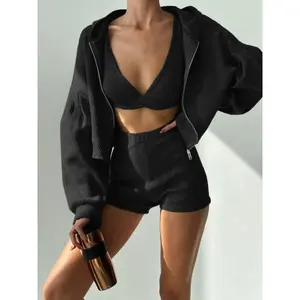 Casual Solid Color Three-Piece Set with Jacket, Bra, and Shorts, Perfect Athletic for Spring and Fall, Fitted and