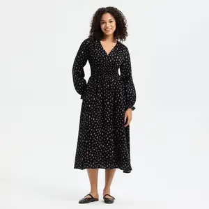 Women's Balloon Long Sleeve Smocked Bodice Midi Dress - Universal Thread Black Floral XS
